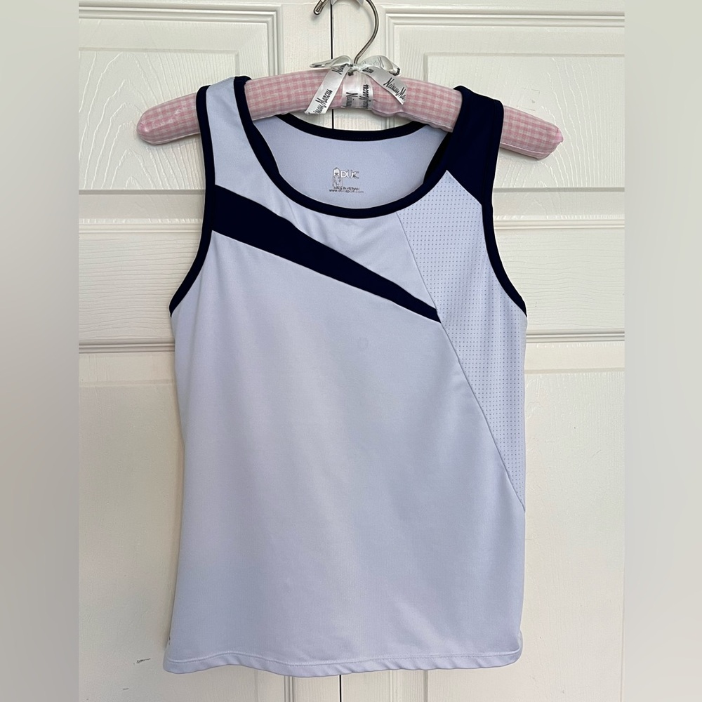 DUC Sports "Slice" Athletic Tank Top With Built In Bra White/Navy Blue